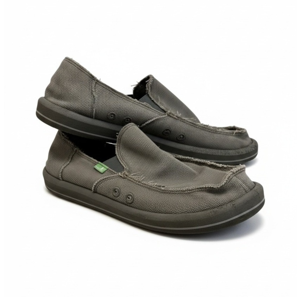 Sanuk Vagabond Mens Charcoal Grey Canvas Frayed Slip On Loafers Size 8